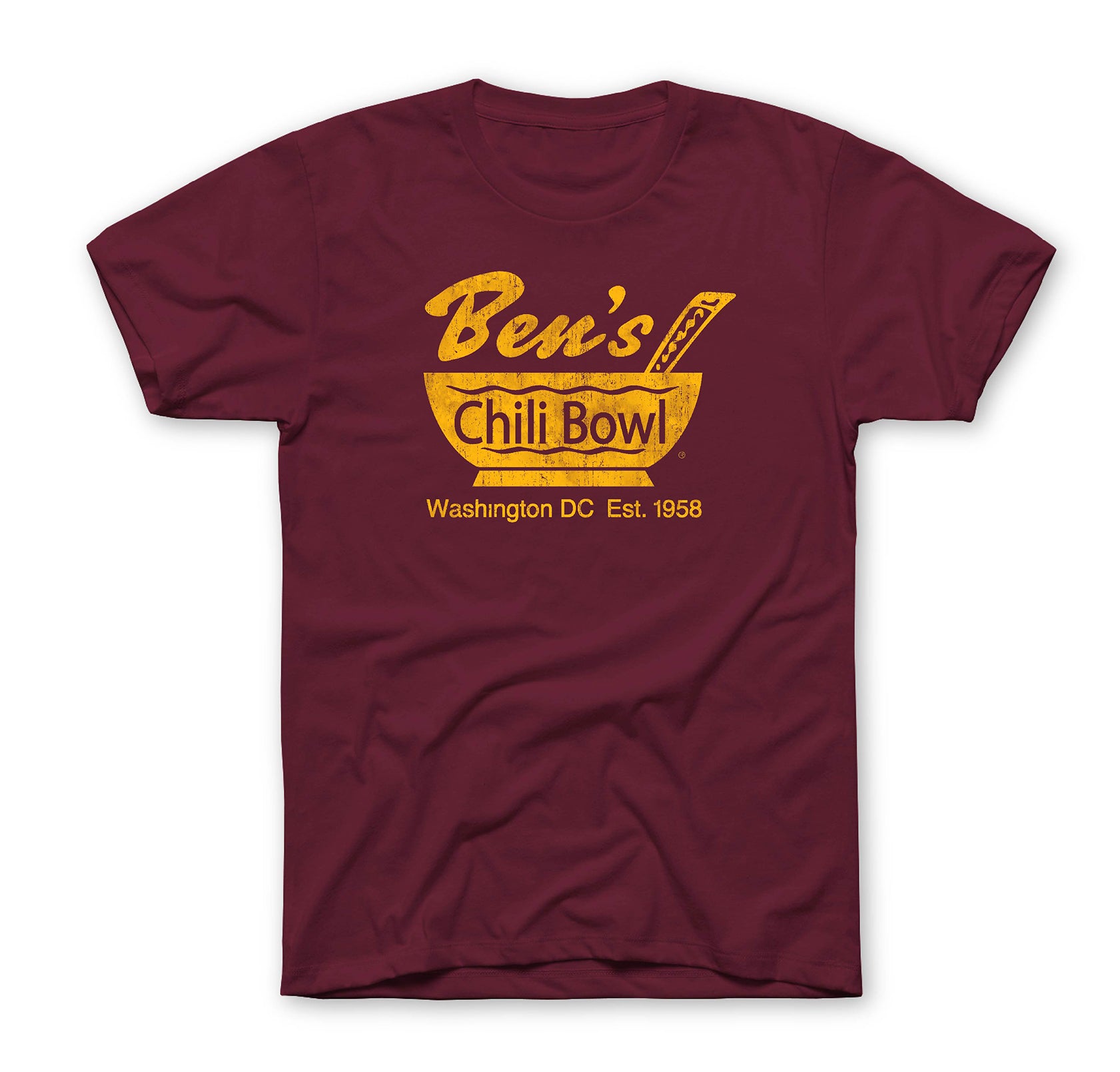 Burgundy T Shirt with Faded Gold Logo Ben s Chili Bowl